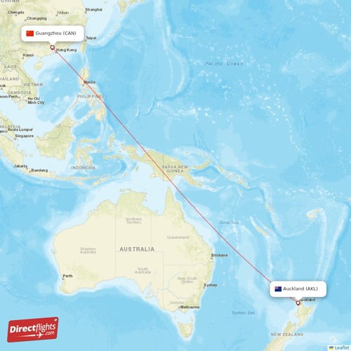 Auckland - Guangzhou direct flight map