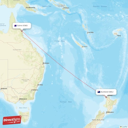 Auckland - Cairns direct flight map