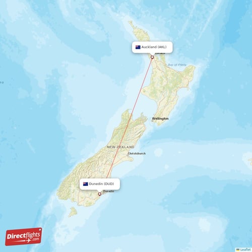 Auckland - Dunedin direct flight map
