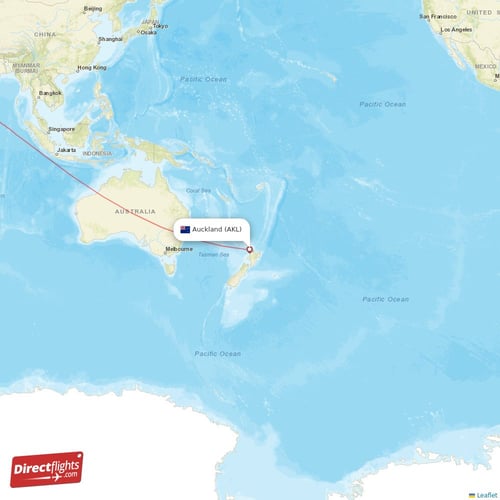 Auckland - Dubai direct flight map