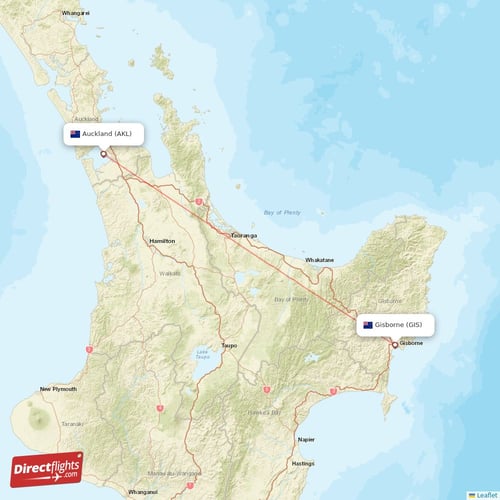 Auckland - Gisborne direct flight map