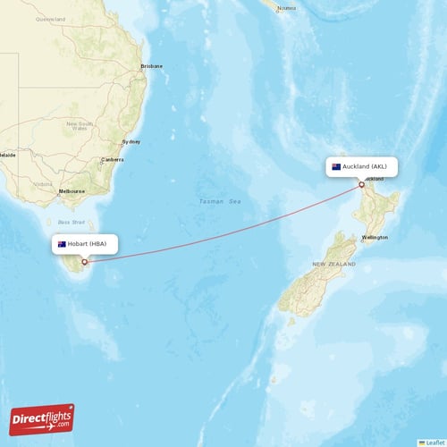 Auckland - Hobart direct flight map
