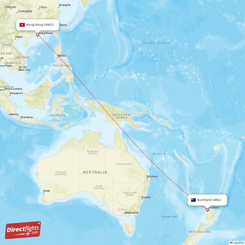 Auckland - Hong Kong direct flight map
