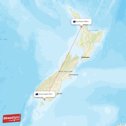 Auckland - Invercargill direct flight map