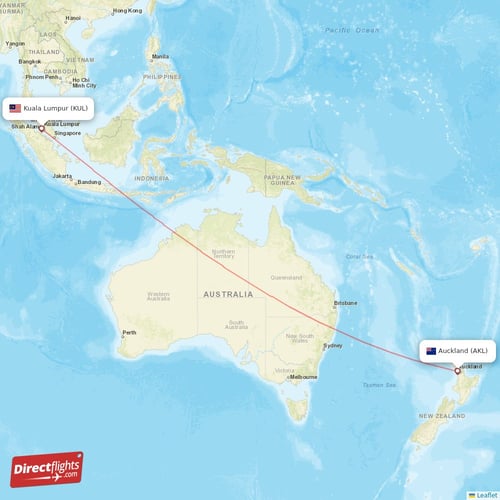 Auckland - Kuala Lumpur direct flight map