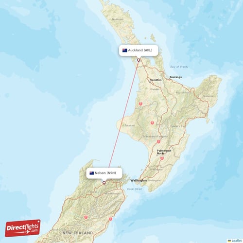 Auckland - Nelson direct flight map