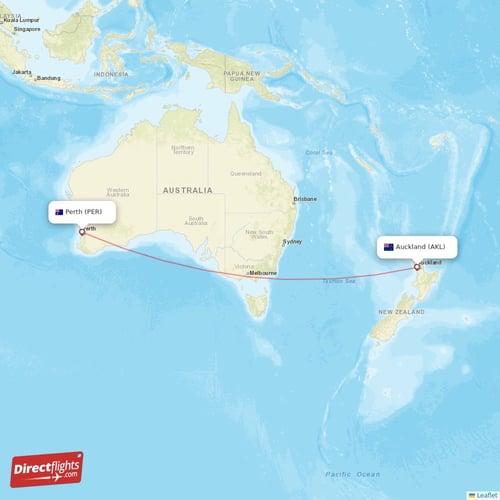 Auckland - Perth direct flight map