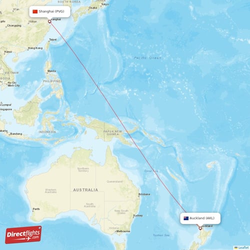 Auckland - Shanghai direct flight map