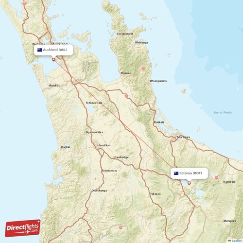 Auckland - Rotorua direct flight map
