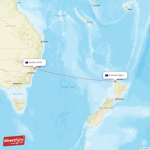 Auckland - Sydney direct flight map