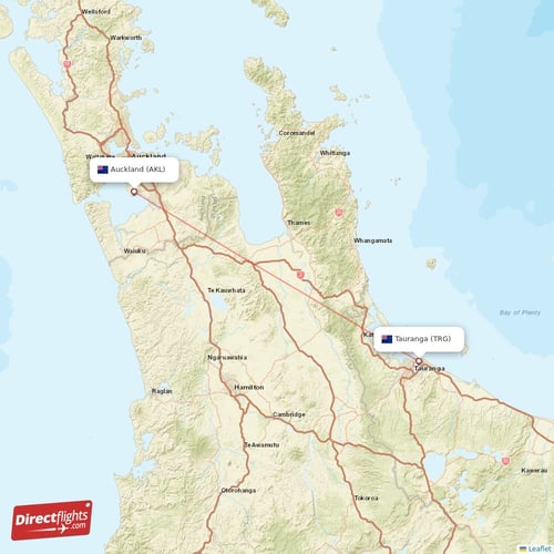 Auckland - Tauranga direct flight map