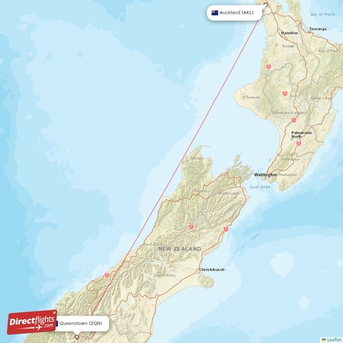Auckland - Queenstown direct flight map