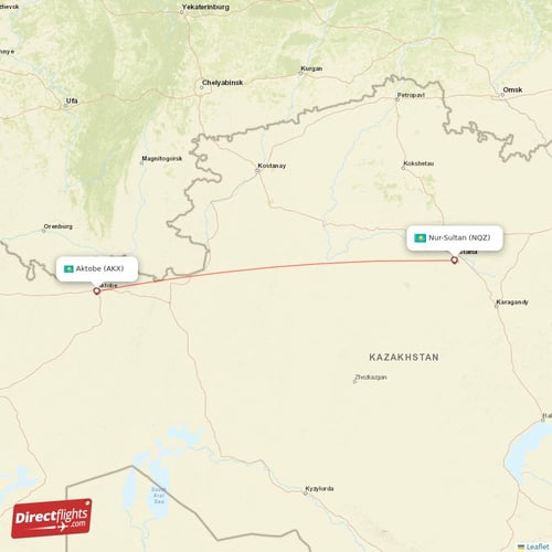 Aktobe - Astana direct flight map
