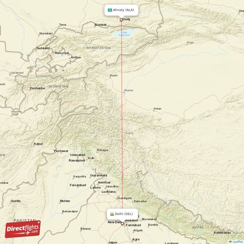 Almaty - Delhi direct flight map