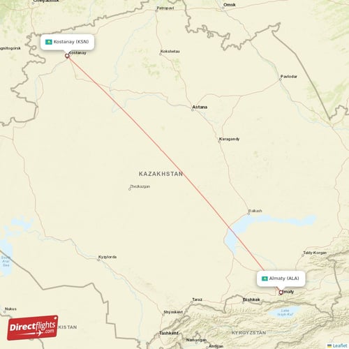 Almaty - Kostanay direct flight map