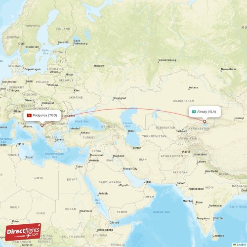 Almaty - Podgorica direct flight map