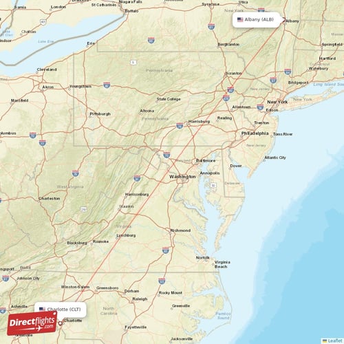 Albany - Charlotte direct flight map