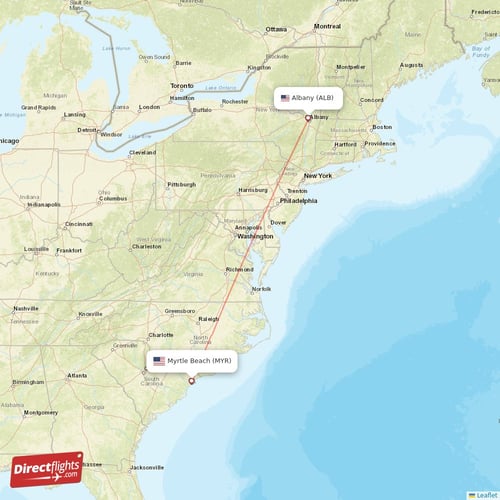 Albany - Myrtle Beach direct flight map