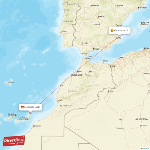 Alicante - Lanzarote direct flight map