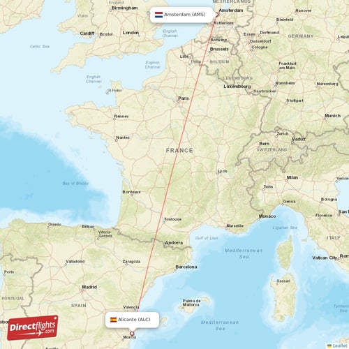 Alicante - Amsterdam direct flight map