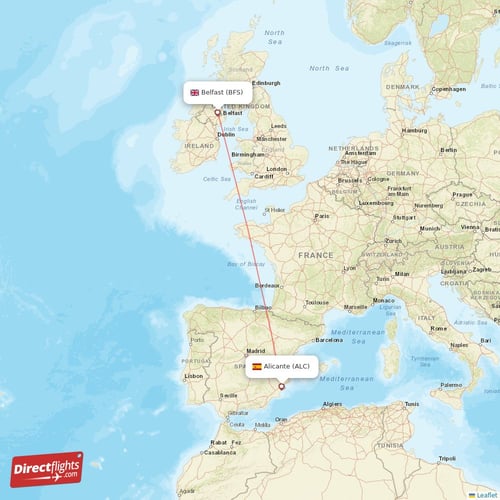 Alicante - Belfast direct flight map