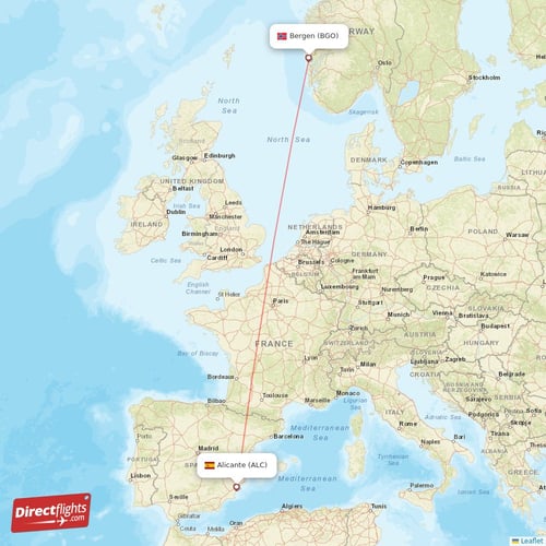 Alicante - Bergen direct flight map