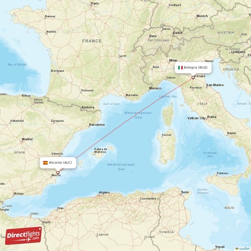 Alicante - Bologna direct flight map