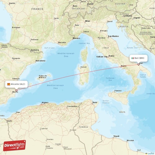 Alicante - Bari direct flight map