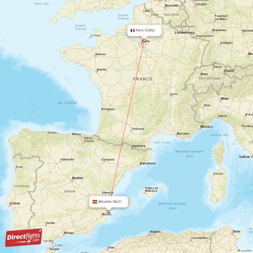 Alicante - Paris direct flight map