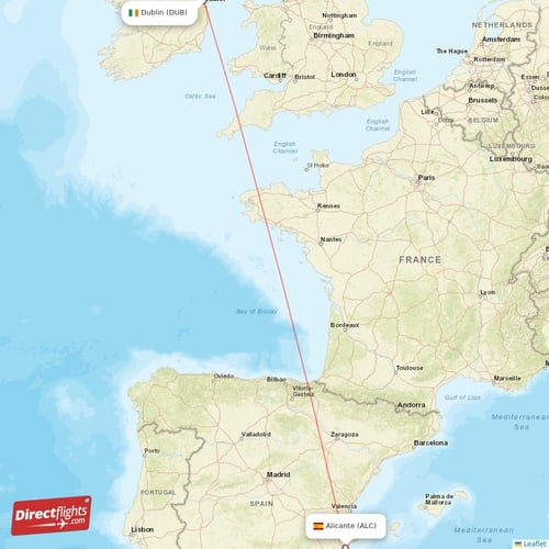 Alicante - Dublin direct flight map