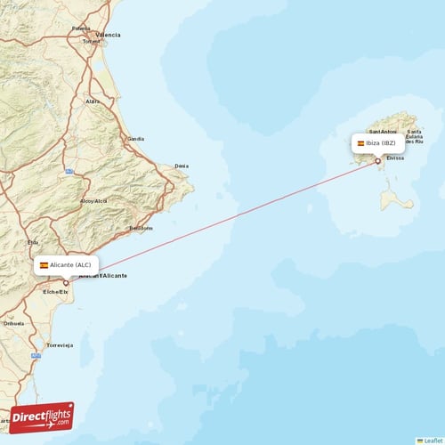 Alicante - Ibiza direct flight map