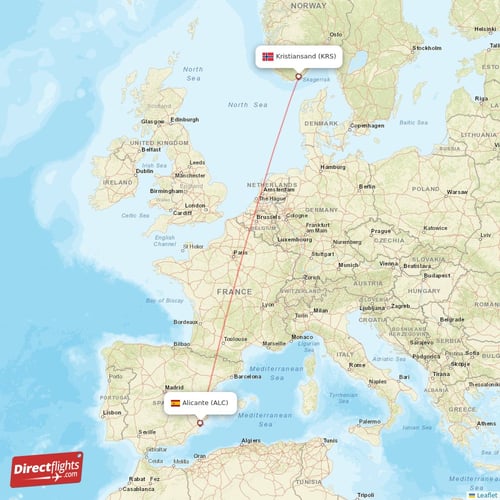 Alicante - Kristiansand direct flight map