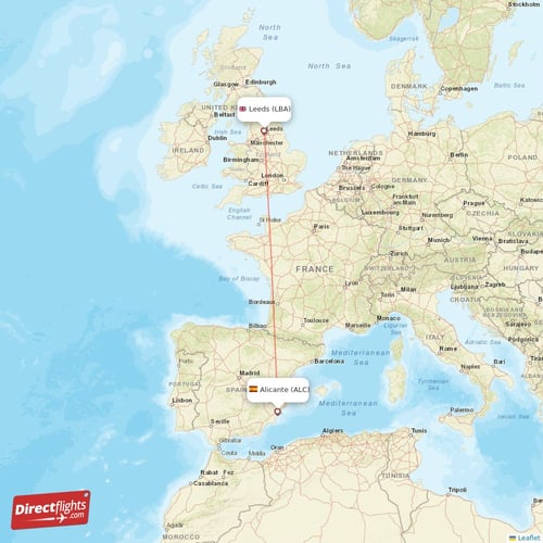 Alicante - Leeds direct flight map