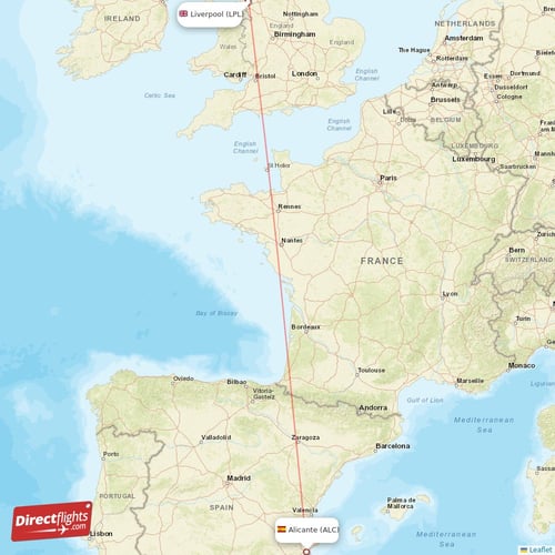 Alicante - Liverpool direct flight map