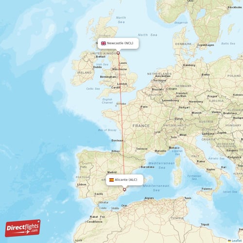 Alicante - Newcastle direct flight map