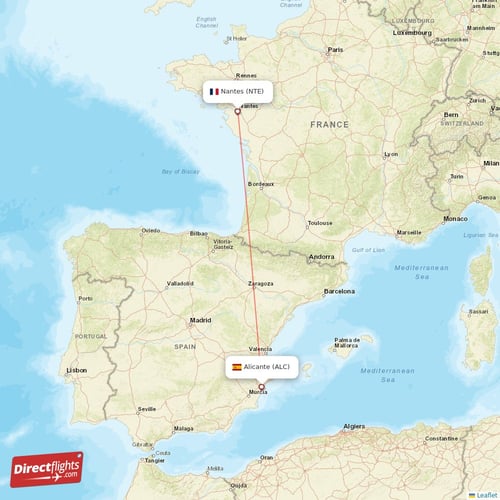 Alicante - Nantes direct flight map