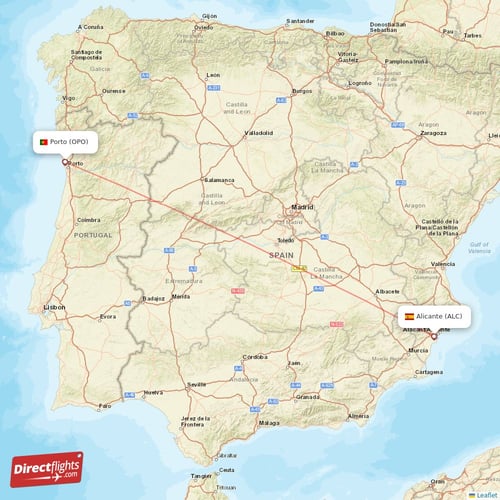 Alicante - Porto direct flight map