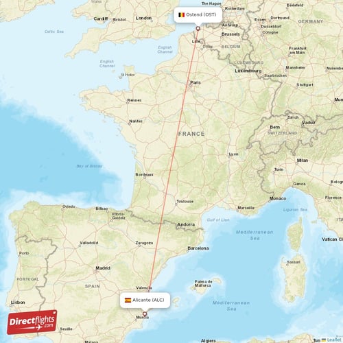 Alicante - Ostend direct flight map