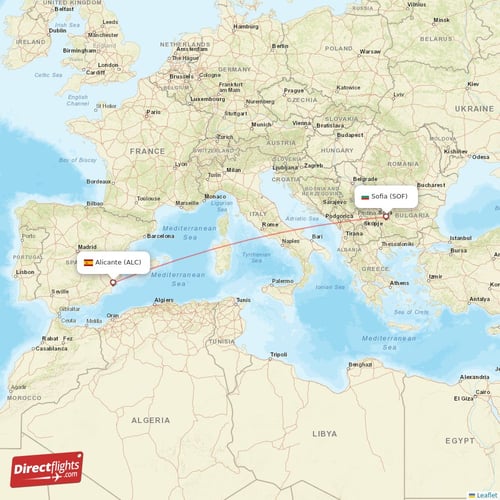 Alicante - Sofia direct flight map