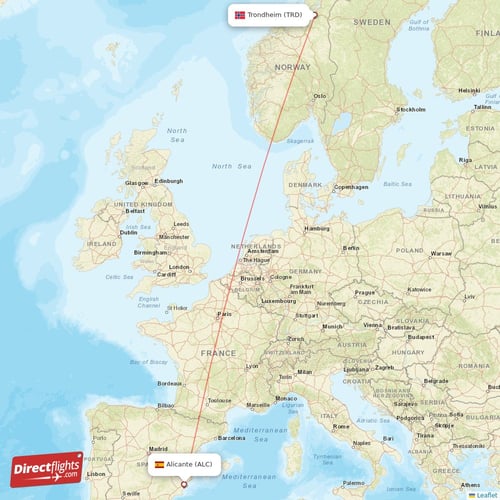 Alicante - Trondheim direct flight map