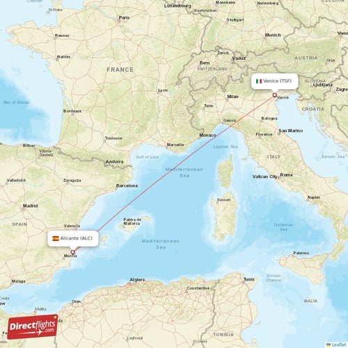Alicante - Venice direct flight map