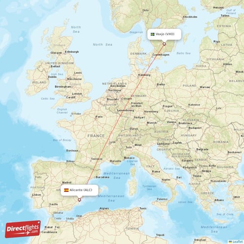 Alicante - Vaxjo direct flight map
