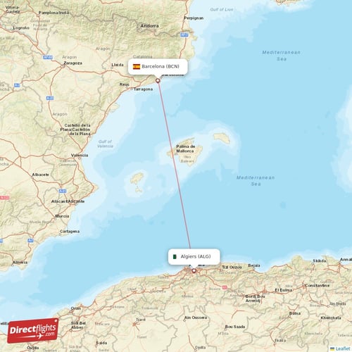 Algiers - Barcelona direct flight map