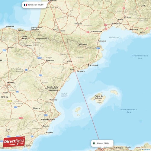 Algiers - Bordeaux direct flight map
