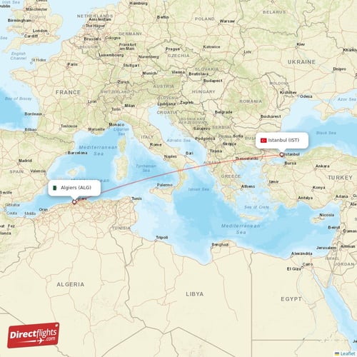 Algiers - Istanbul direct flight map