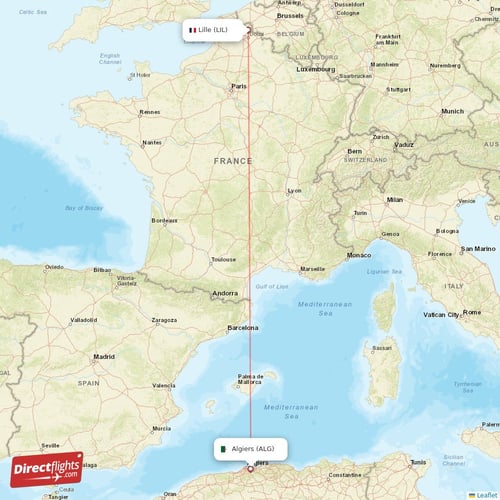 Algiers - Lille direct flight map