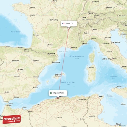 Algiers - Lyon direct flight map