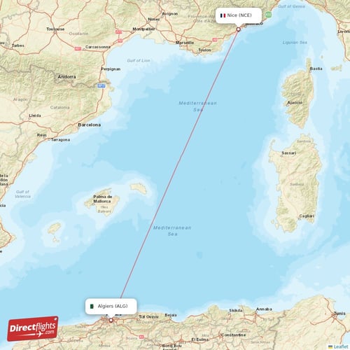 Algiers - Nice direct flight map