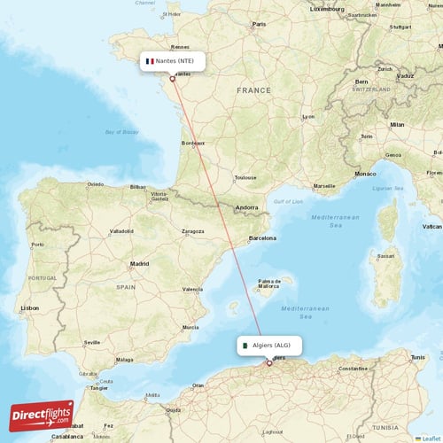 Algiers - Nantes direct flight map