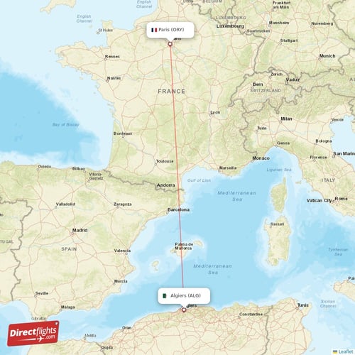 Algiers - Paris direct flight map